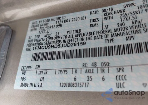 2018 Ford Escape Sel из США, поврежденный, VIN 1FMCU9HD5JUD28159